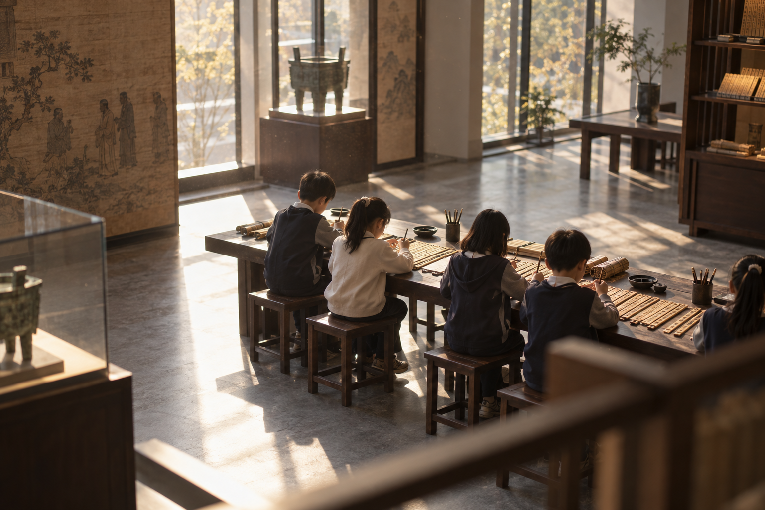 学生在长桌前以毛笔临写简牍